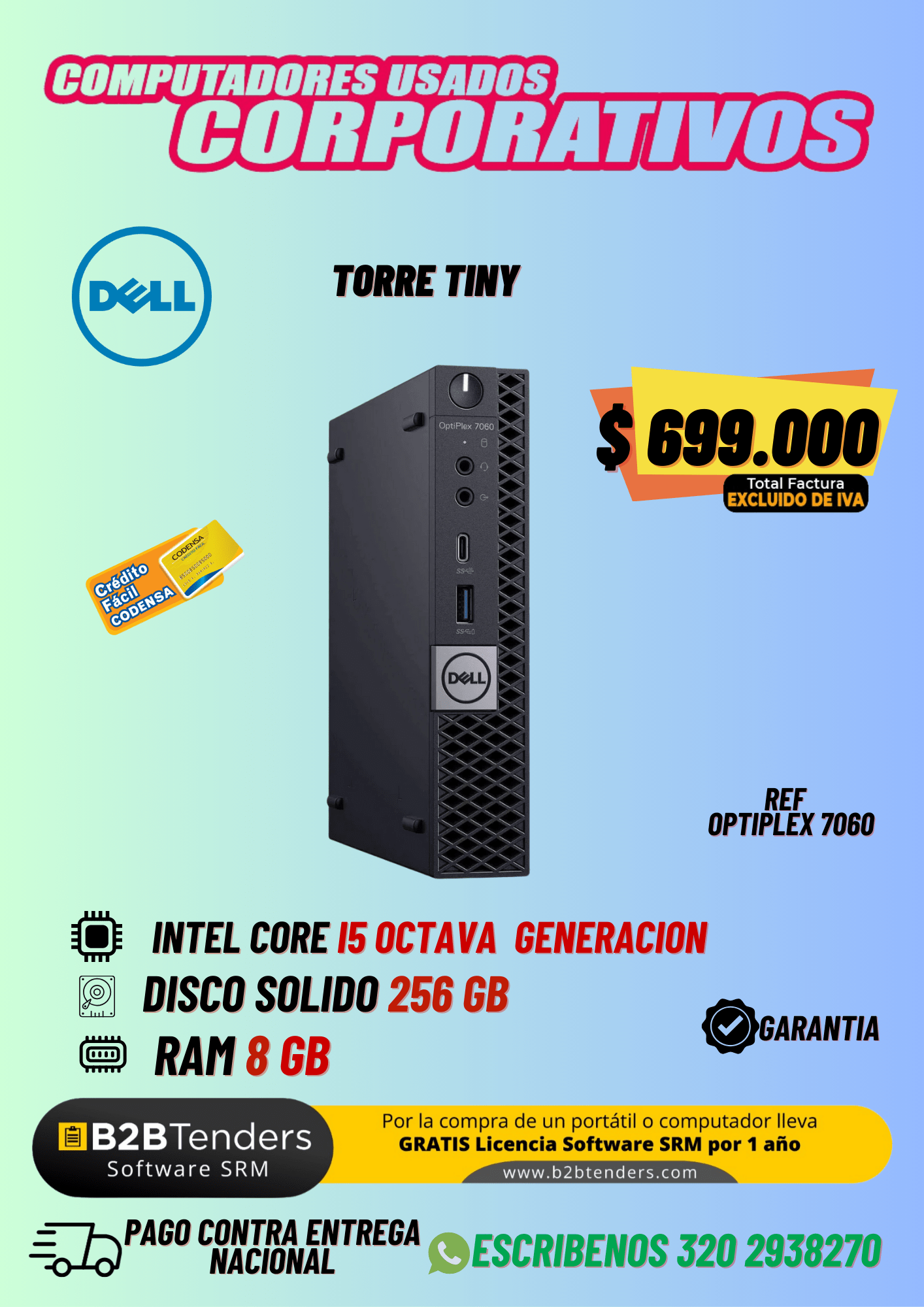 Dell OptiPlex 7060 Micro | Core i5 8va Gen | 8GB RAM | 256GB SSD | Mini PC Corporativa